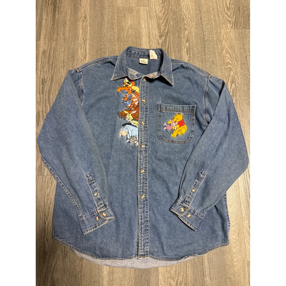 Vintage Disney Store Winnie the Pooh Friends Denim Button Down Shirt Large Blue